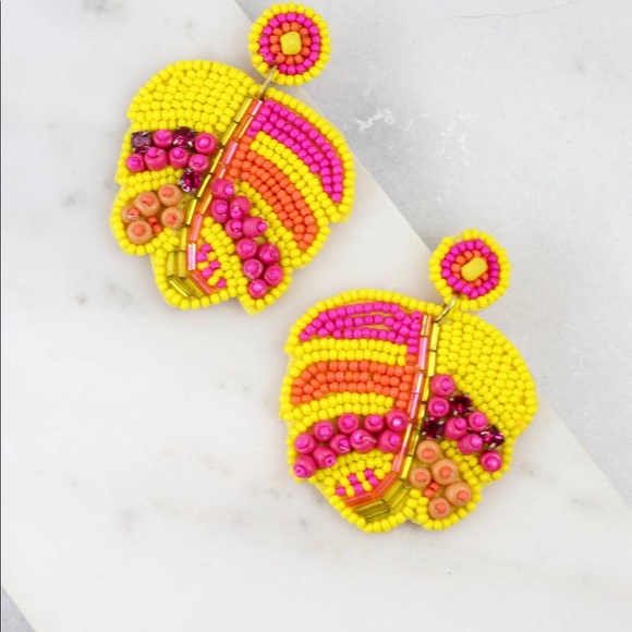 Jewelry - Palm Leave Seed Bead Post Earrings Yellow Pink